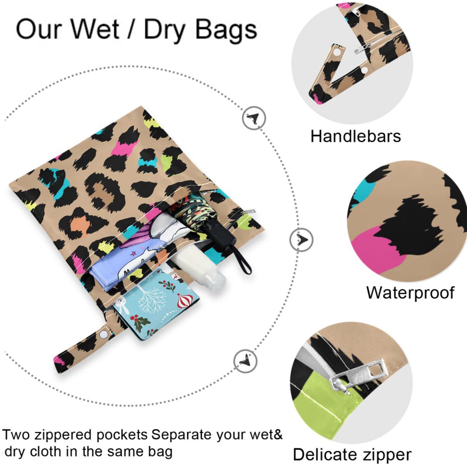 visesunny Brown Leopard Grain 2Pcs Diaper Changing Totes Wet Bags with Zippered Pockets Washable Reusable Roomy Cloth Diaper for Travel,Beach,Daycare,Stroller,Dirty Gym Clothes,Wet Swimsuits,Toiletrie