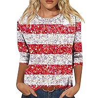 Womens 4Th of July Tshirt 3/4 Sleeve Tunic Tops America Tshirt Loose Crewneck Red White and Blue T-Shirt USA Blouse