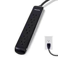 Philips 6 Outlet Surge Protector Power Strip, Designer Braided Power Cord, 4 Ft Power Cord, Flat Plug Extension Cord, Perfect for Office or Home Décor, 720 Joules, ETL Listed, Black, SPC3064BD/37