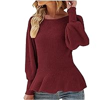 Women's Balloon Sleeve Sweater Slim Waist Jumper Tops Casual Crewneck Pullover Sweaters Dressy Trendy Knit Blouse
