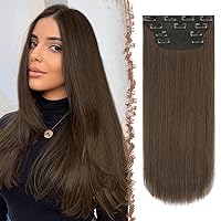 Clip in Hair Extensions 4 PCS Chestnut Brown Thick Highlight Hairpieces Long Straight Clip in Hair Pieces Full Head Synthetic Fiber Hair Extensions for Women, 20 Inches