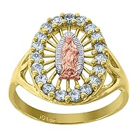 14k Gold Womens Tri color CZ Cubic Zirconia Simulated Diamond Guadalupe Mary Size 7 Oval Head Religious Ring Band Jewelry for Women