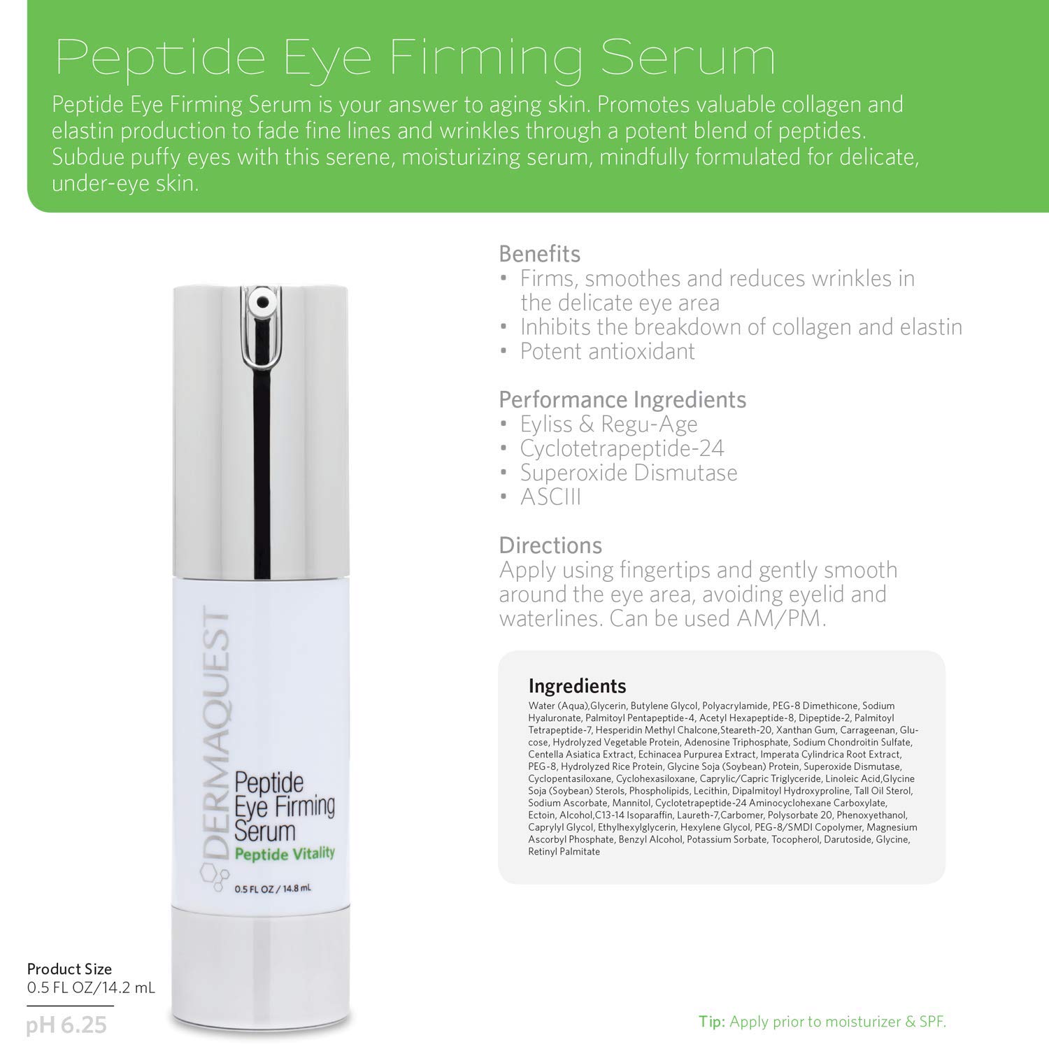 DermaQuest Peptide Vitality Anti Aging Eye Serum - Fine Lines & Wrinkle Remover - Reduce Dark Circles, Puffiness, Under Eye Bags (0.5 oz)
