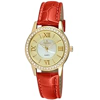 Peugeot Women's 3044GRD Gold Crystal Bezel Red Leather Strap Analog Display Quartz Red Watch