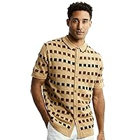 Men’s Short Sleeve Collar Knit Sports Shirt – Mélange Plaid and Horizontal Block Jacquard Pattern