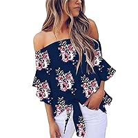 Andongnywell Women Striped Off Shoulder Tops Casual Tie Knot Bell Sleeve Blouse Shirt One-Shoulder Printed Shirt
