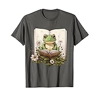 Cottagecore Aesthetic Frog Reading Book Vintage Floral T-Shirt