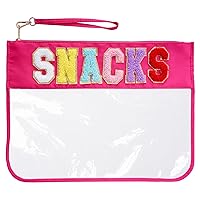 Snacks Makeup Tote Bag, Snacks Clear Pouch, Waterproof Snacks Bag for Travel, Snacks Bag Clear Chenille Letter Bags, Multi-purpose PVC Clear Bags with Wrist Strap（Red）