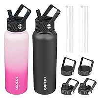 2 Pack Insulated Water Bottles with Straw Lids, 40oz Stainless Steel Metal Water Bottle with 6 Lids, Leak Proof BPA Free Thermos, Cups, Flasks for Travel, Sports (Sakura+Black)