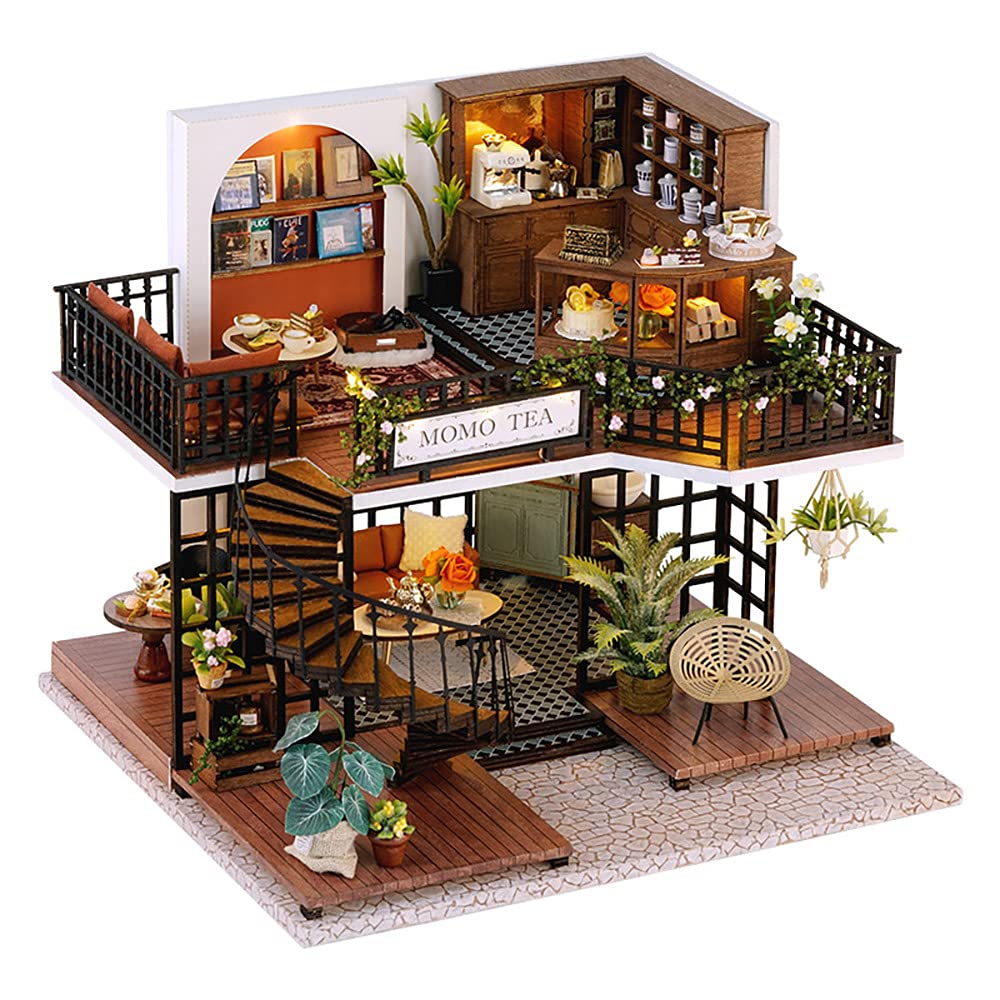 CUTEBEE Dollhouse Miniature with Furniture, DIY Wooden Dollhouse Kit Plus Dust Proof, Creative Room Idea(Forest Tea Shop)(Starry Star Dessert Cottage)
