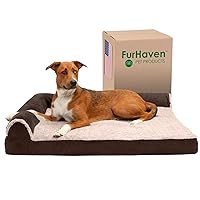 Furhaven Cooling Gel Dog Bed for Large Dogs w/ Removable Bolsters & Washable Cover, For Dogs Up to 95 lbs -Two-Tone Plush Faux Fur & Suede L Shaped Chaise- Espresso, Jumbo/XL, 40.0
