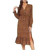 Womens Button Up Dresses - Fashion Leopard Print High Slit Flowy Dress Casual Plus Size Long Sleeve Belt Chiffon Dress