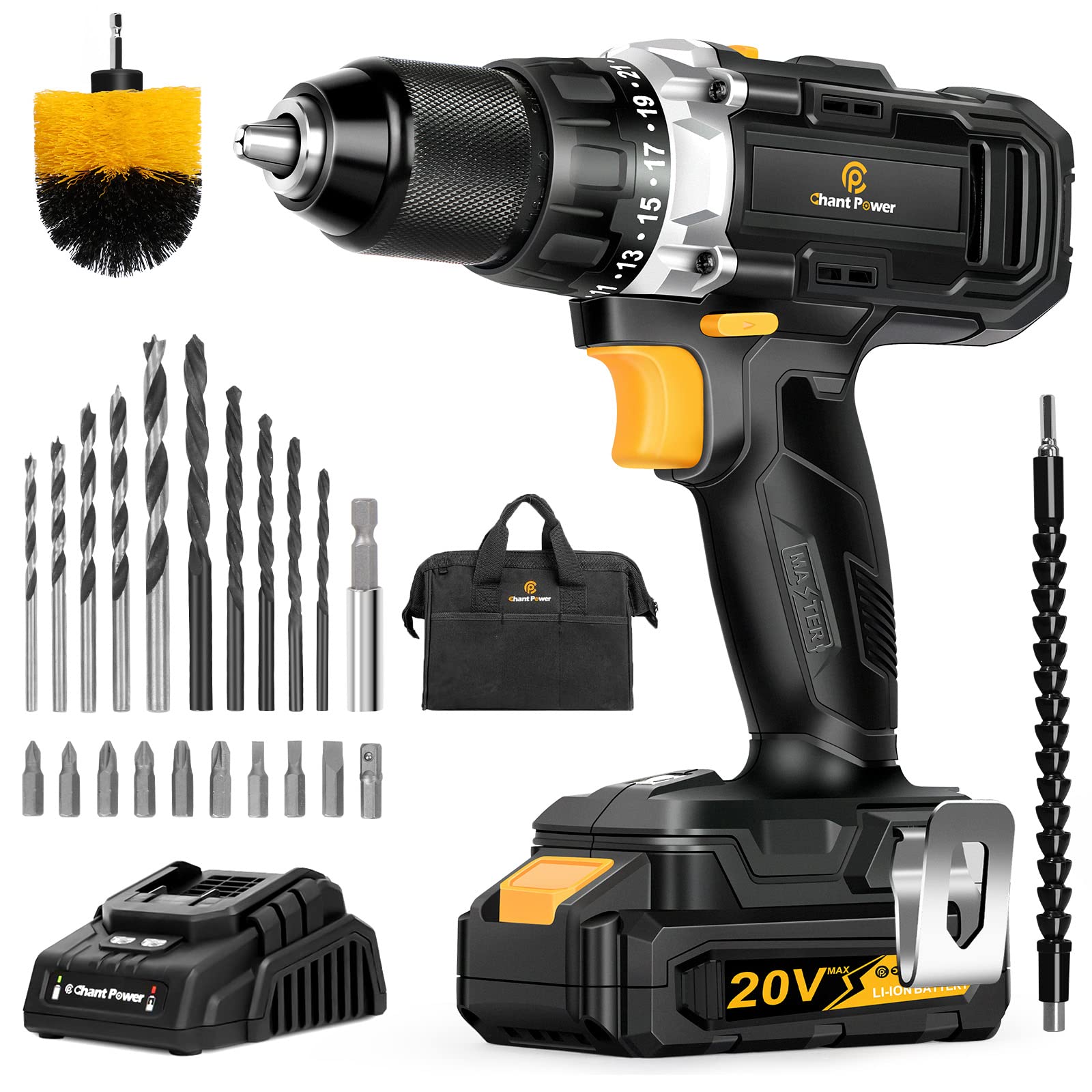 20V MAX Lithium-ion Cordless Drill Driver Set with 23+1 Clutch, Dual Speed, 1/2” (13 mm) Chuck for Drilling Wood, Metal, Charger, Canvas Bag, Flexible Shafts Included, C P CHANTPOWER