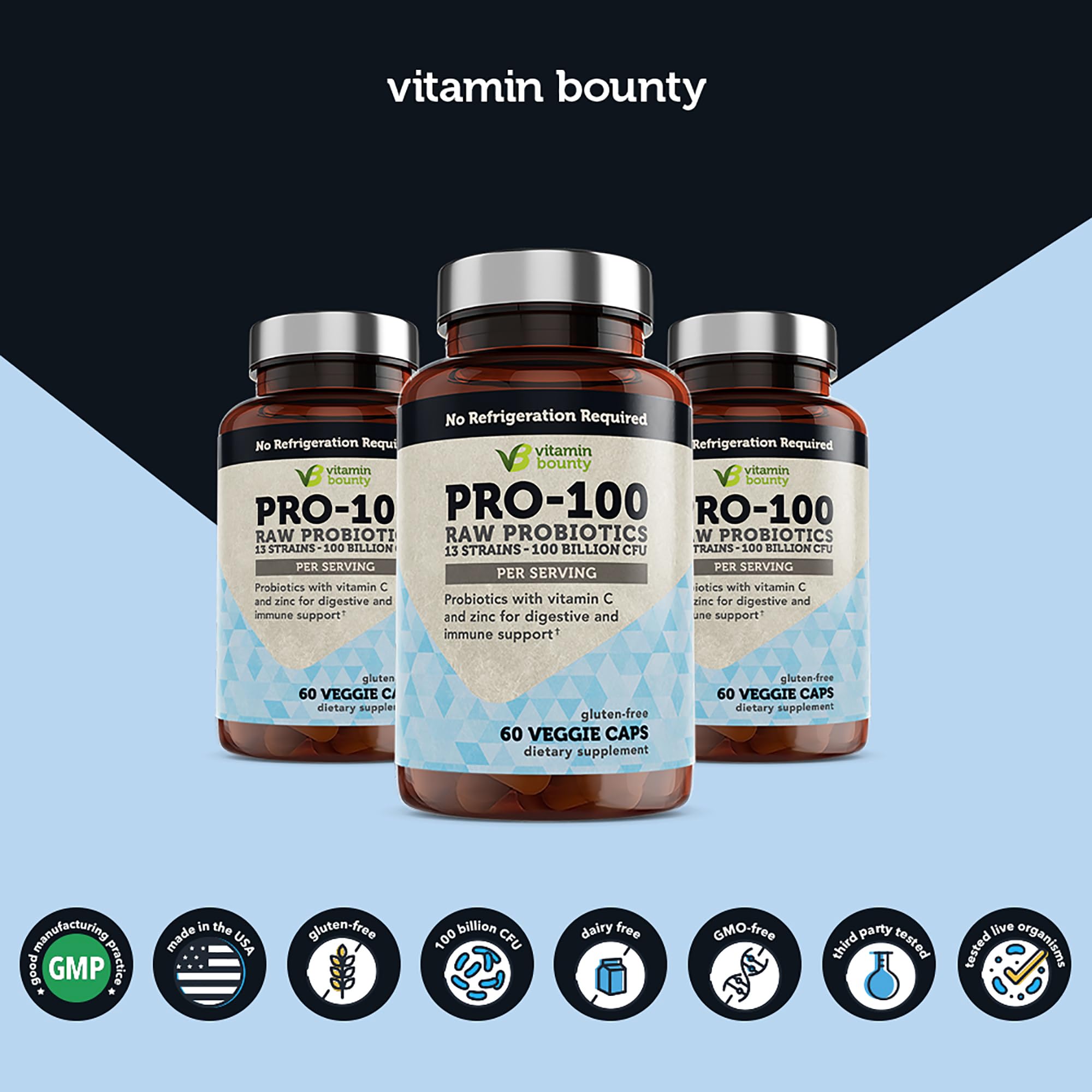 Vitamin Bounty Pro-100 Probiotics - 13 Probiotic Strains, Gut Health, Digestive Health, Probiotic for Women and Men, Delayed Release Embocaps - 60 Capsules