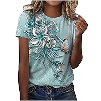 Floral Printed Tops for Women, Womens Short Sleeve T Shirt Summer Casual Oversized Shirts Loose Fit Crew Neck Tunic Blouse