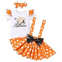 IMEKIS Baby Girl 1st Halloween Mother’s Father’s Day Outfit Romper Pumpkin Suspenders Skirt Headband Set Birthday Photo Shoot