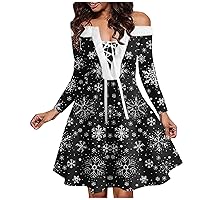 Women's Christmas Party Dresses 2023 Fashion Casual One Shoulder Retro Printed Plush Long Sleeved Dress, S-2XL