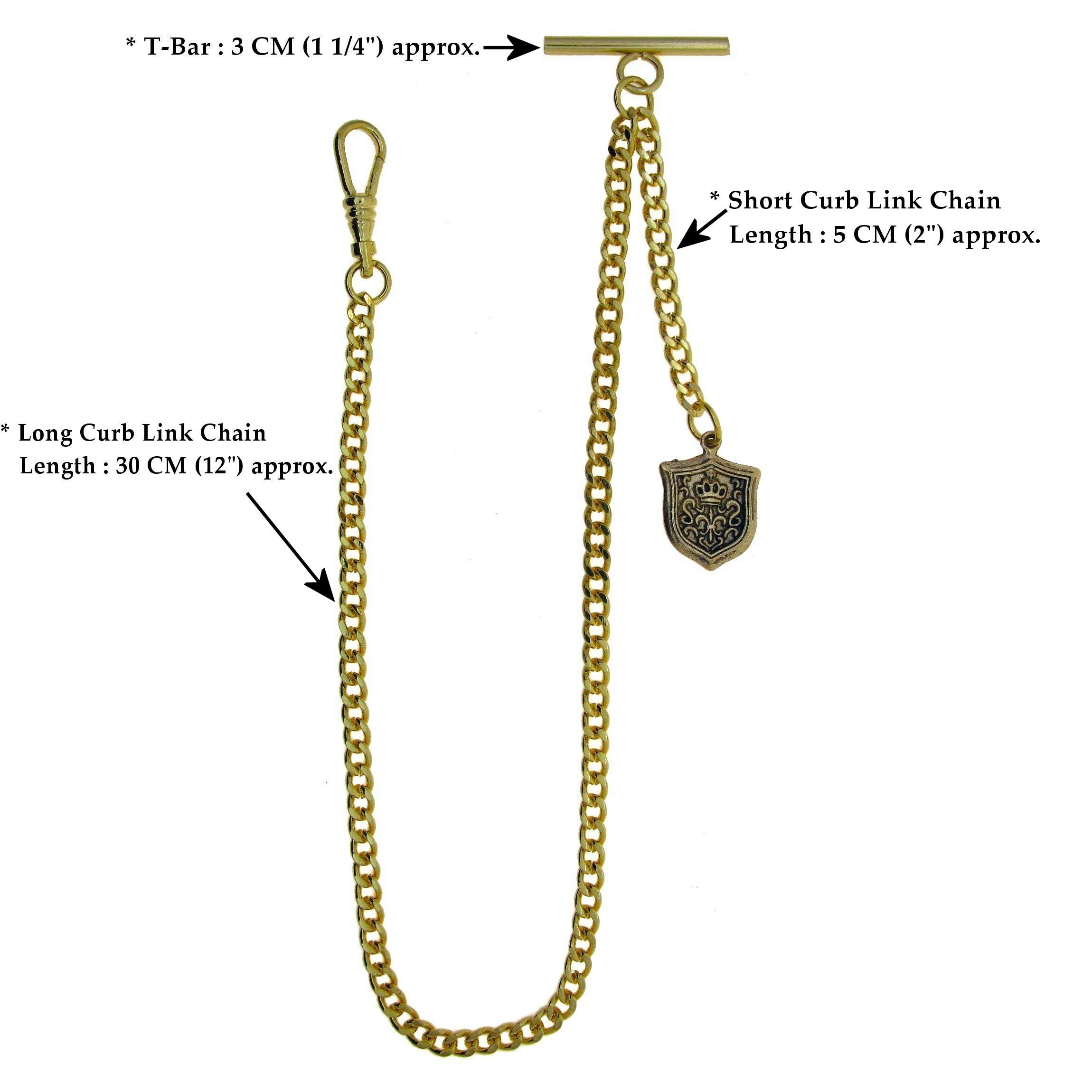 Albert Chain Gold Color Pocket Watch Chains for Men with T Bar Swivel Clasp and Ancient Shield Design Fob AC98