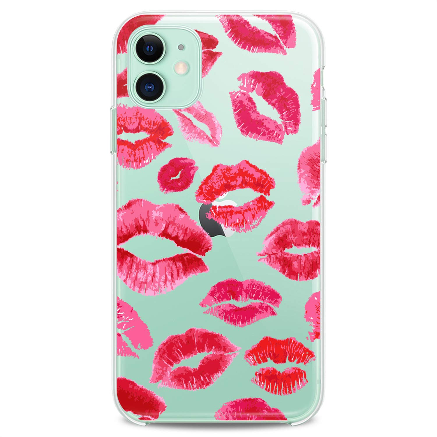 Cavka TPU Case Compatible with iPhone 15 14 13 12 11 Pro Max Plus Mini Xs Xr X 8+ 7 6 5 SE Red Kisses Flexible Silicone Clear Slim fit Female Design Cute Bright Big Lips Pink Print Girlish Lipstick