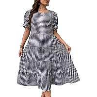Womens Plus Size Dresses Summer Gingham Print Puff Sleeve Ruffle Hem Dress