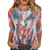 4th of July Outfits for Women Summer 3/4 Length Sleeve Loose Shirts Crewneck Cute Blouse Graphic Tees Tunics
