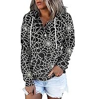 Women's 2023 Fall Button Collar Drawstring Hoodies Cute Halloween Graphic Pullover Pocket Sweatshirts Tops Shirts