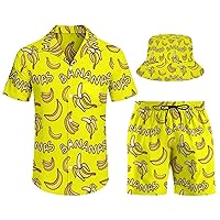 Men's Shirt Hawaiian Outfit Set Beach Shirt and Shorts with Bucket Hats 3 Piece Beach Tropical Hawaii Suits