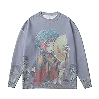 Men's Knitted Sweater Chinese Style Opera Characters Print Dyeing Pullover Loose Retro Couple Sweater Men