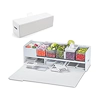 Prepdeck Gen 2 Recipe Prep & Storage Station - 8 Essential Tools + Deluxe Cutting Board, 14 Plastic Containers + Super-Seal Lids, Removable Trash Compartments, Tablet Stand Included - White Stone