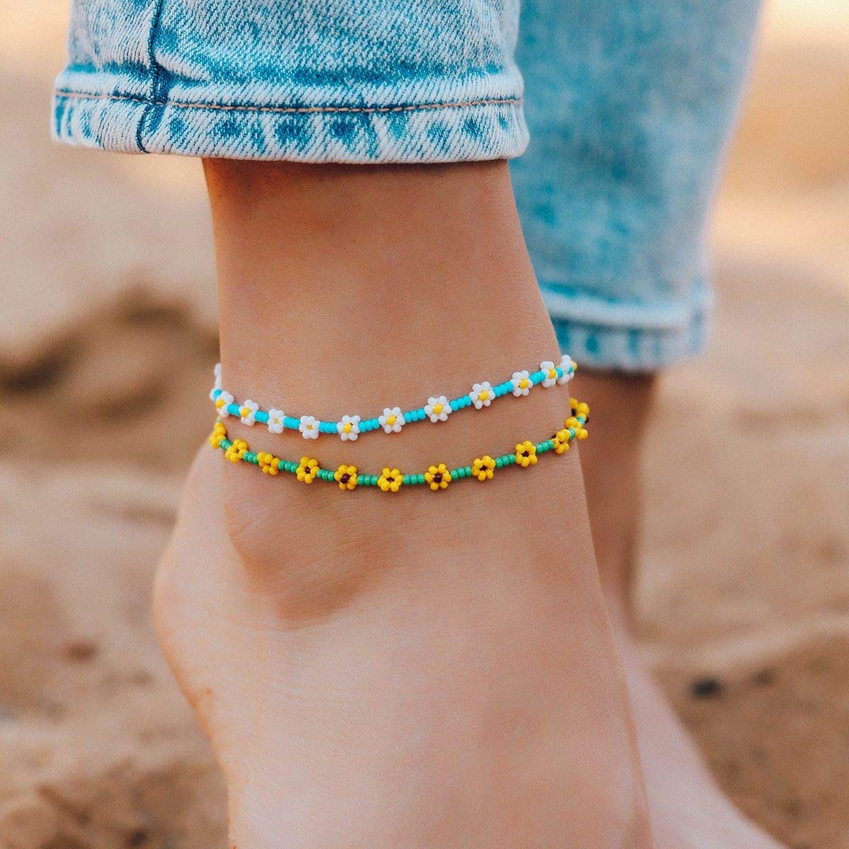 Pura Vida Daisy Flower Seed Bead Adjustable Anklet w/Charm, Waterproof - Yellow