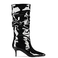 MOOMMO Women Pointed Toe Mid-Calf Boot Stiletto Patent Leather Knee High Boots Wide Width Pull-On 2 inch Kitten Heel Cowgirl Boots for Ladies Winter Warm Casual Comfy Dress Combat Boots 4-12 M US