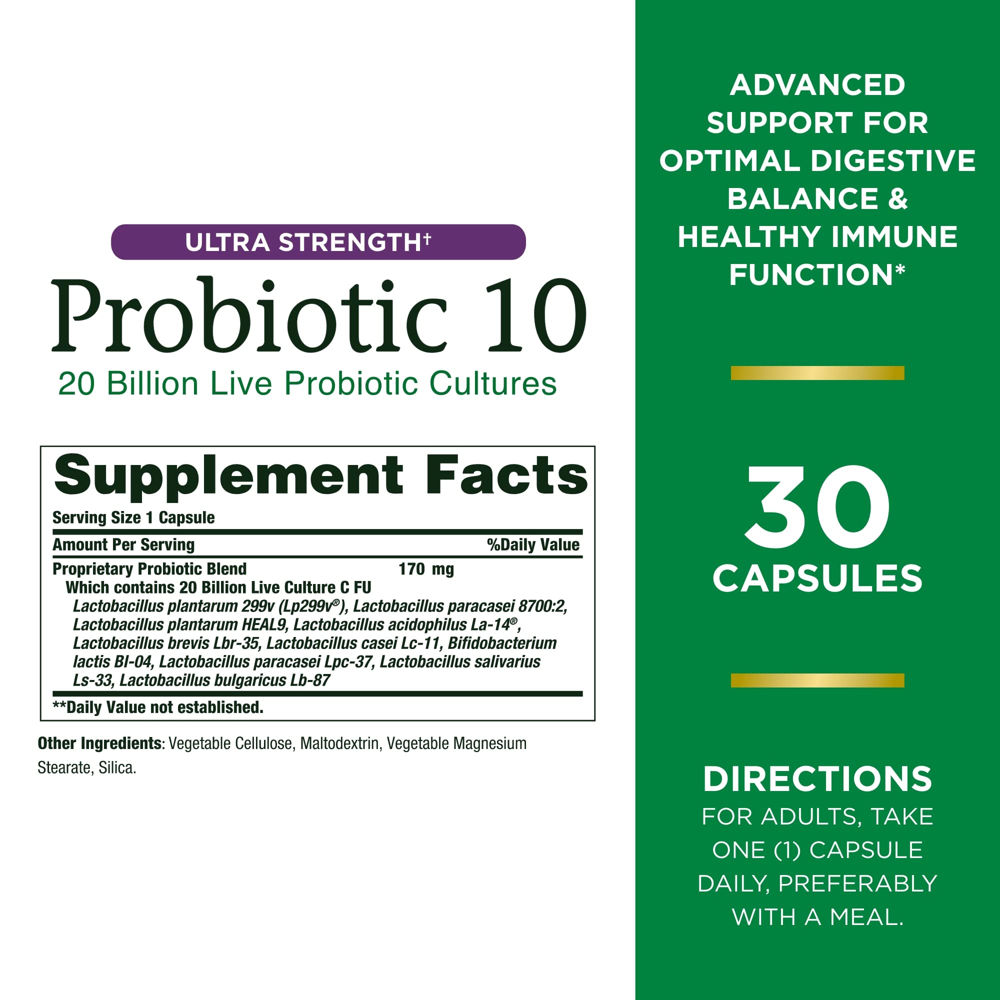 Nature’s Bounty Probiotic 10, Ultra Strength Daily Probiotic Supplement, Support for Digestive, Immune and Upper Respiratory Health, 1 Pack, 30 Capsules