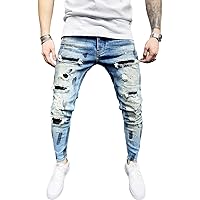 Men's Vintage Skinny Ripped Jeans Distressed Patch Stretch Biker Denim Pants Tapered Leg Slim Fit Patches Jean