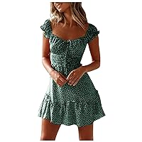 Summer Dresses for Women 2024 Boho Square Neck Puff Sleeve Mini Dress Smocked Tiered Ruffle Swing A Line Short Sundress