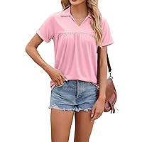 Women's Blouses Dressy Casual Solid Colour V-Neck Loose Short Sleeve T Shirt Casual Pleated Blouses Casual, S-2XL