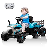 24V Kids Ride on Tractor with Trailer, Dual 200W Motors Boost Power Torque Remote Control, Electric Car for Kids with Three Speeds Adjustable, USB, MP3, Bluetooth, LED Light, Safety Belt, Blue