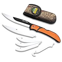 OUTDOOR EDGE RazorBone Replaceable Blade Folding Hunting Knife with Clip & Sheath. 3 Butcher Knife Blade Styles - Boning, Gutting, & Skinning Knives. Blaze Orange, Camo Sheath, 6 Blades & Blade Box