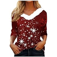 Christmas Outfits for Women Fleece Long Sleeve Fur Collar Shirts Fall Loose Fit V Neck Tees Casual Workout Tops