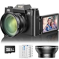 4K Vlogging Camera for YouTube, 48MP Digital Photography with 3''Flip Screen, 16x Zoom and Video Autofocus Anti-Shake, Wide Angle Lens, Macro 2 Batteries, 32GB Micro SD Card