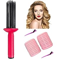 Self-Grip Hair Rollers with Hair Roller Clips and Comb, Hair Roller Set, Hair Brush Styler for Curly Hair, Air Volume Comb for DIY Hair Styles (5Pcs-Pink)