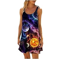 Magical Galaxy Planet Print Sundress Womens Summer Casual Sleeveless Mini Beach Dress Boat Neck Tunic Dresses