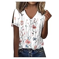 Summer Tops for Women 2024 V Neck Button Down Cold Shoulder Blouse Fashion Summer Short Sleeve Printing Shirts