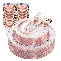150PCS Rose Gold Plastic Plates – Disposable Rose Gold Plates with Rose Gold Plastic Silverware include 50Plates, 25Forks, 25Knives, 25Spoons, 25Cups for Wedding & Party
