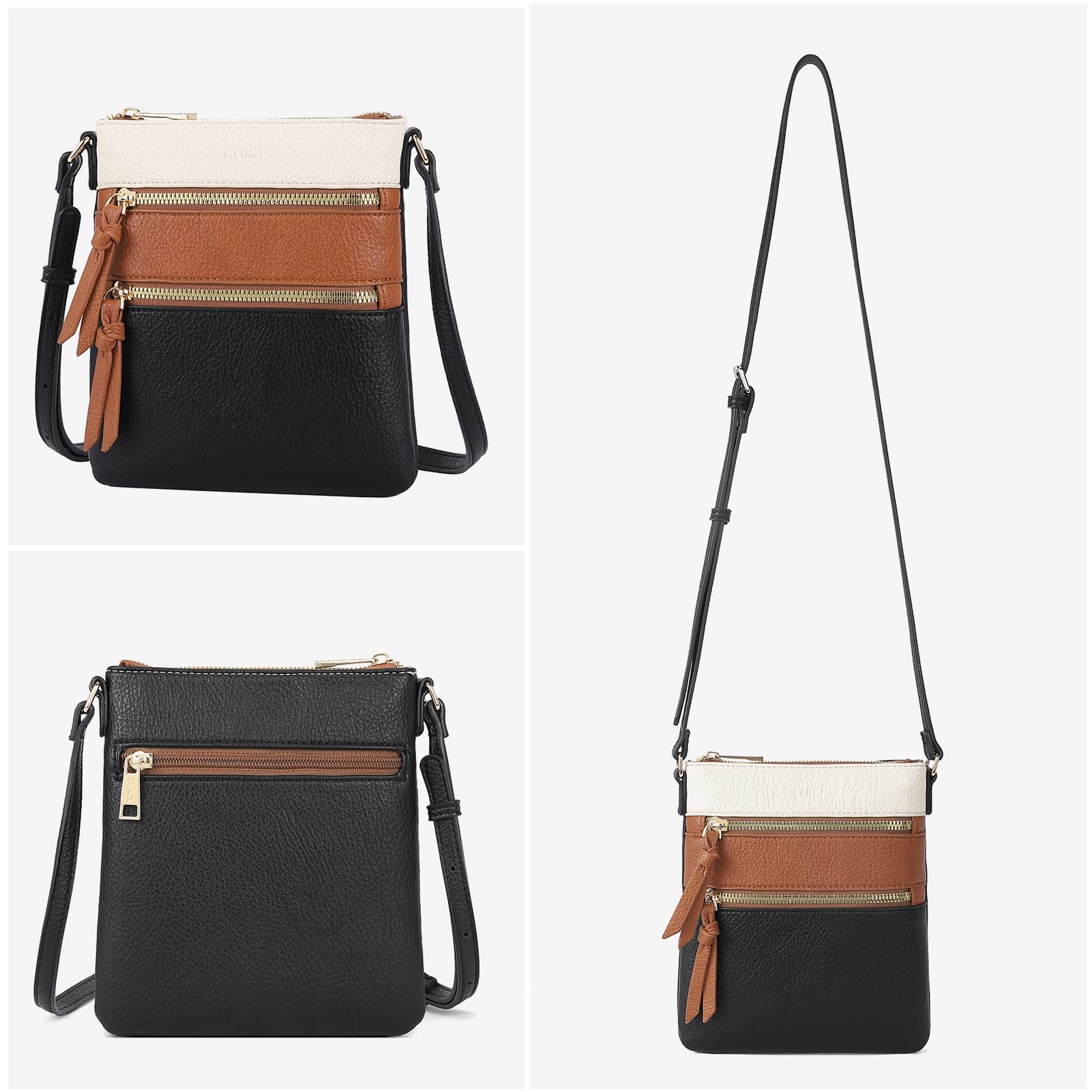 CLUCI Small Crossbody Purses for Women, Triple Zip Multi Pocket Leather, Adjustable Strap Over the Shoulder Bags