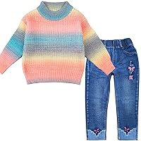 Peacolate 18M-10Y Spring Fall Winter Clothing Set Little&Big Girl Knit Turtleneck Pullover Sweater and Embroider Jeans