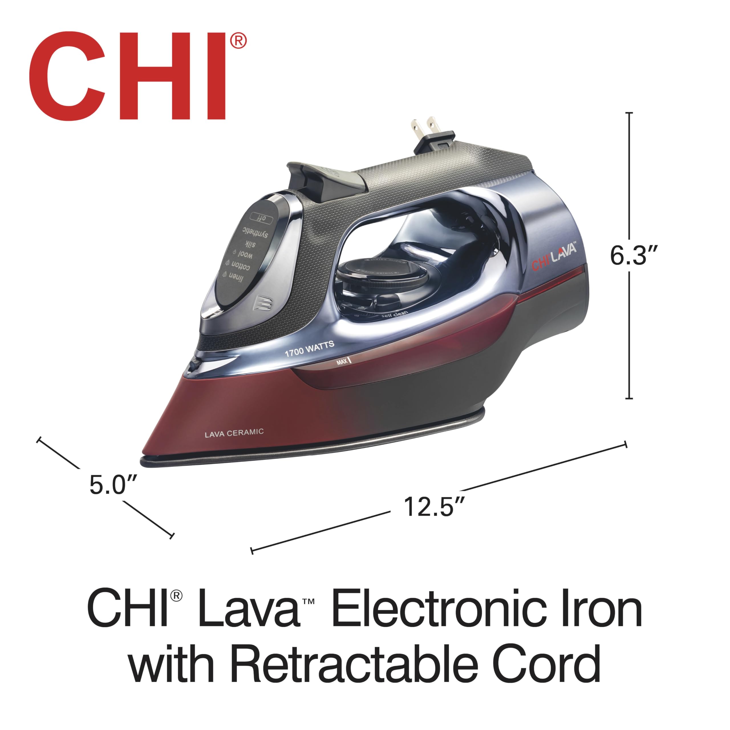 CHI Steam Iron for Clothes with 8’ Retractable Cord, 1700 Watts, 3-Way Auto Shutoff, 400+ Holes, Professional Grade, Temperature Control Dial, Lava Infused Ceramic Soleplate, Black (13113)