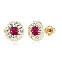 Solid 14K Gold 7mm Circle Natural Birthstone Screwback Stud Earrings For Women | 3mm Birthstone | 1mm Created White Sapphire Pave Screwback Earrings For Women and Girls