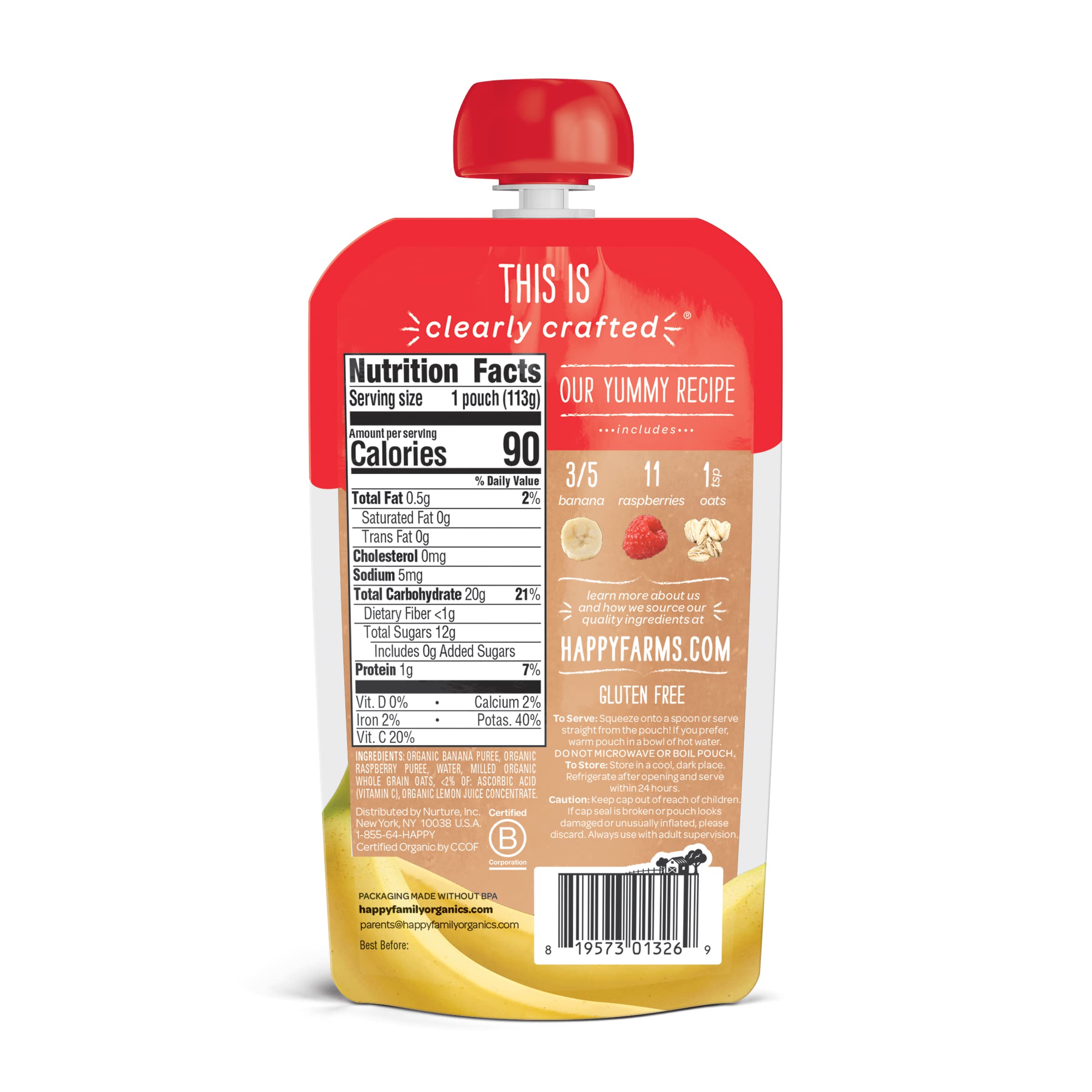 Happy Baby Organics Clearly Crafted Stage 2 Baby Food, Bananas, Raspberries & Oats (Pack of 16) & Happy Tot Organics Super Morning Stage 4, Apple Cinnamon, Yogurt, Oats Pack of 8)