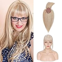 Benehair 150% Density 12 Inch Human Hair Toppers for Women with Bangs Mono Base Clip in Topper Top Hair Pieces for Women with Thinning Hair/Gray Hair/Hair Loss -Ash Blonde&Bleach Blonde #18P613