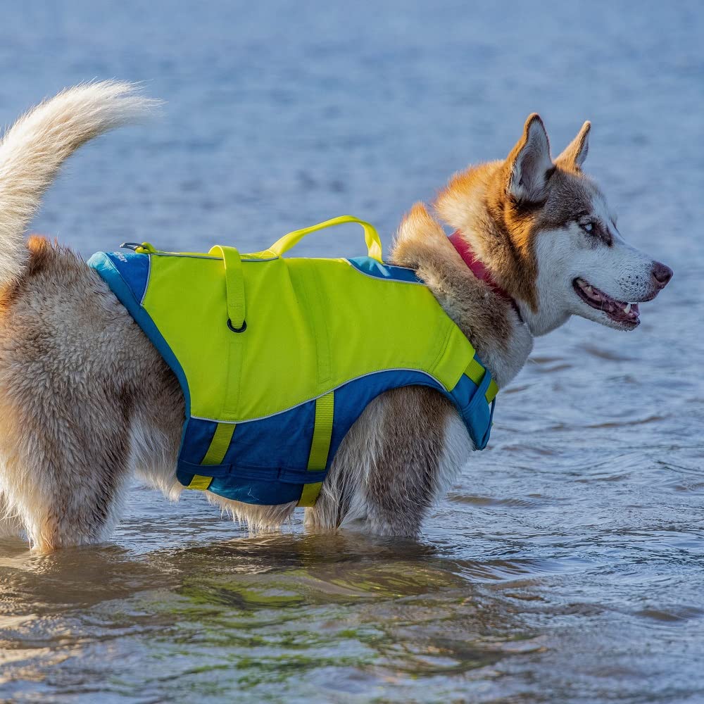 Kurgo Surf n’ Turf Dog Life Jacket - Flotation Life Vest for Swimming and Boating - Dog Lifejacket with Rescue Handle and Reflective Accents - Machine Washable - Blue/Green, Large